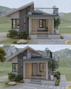 two pictures of the same house in different stages of being built, one has stairs leading up to the second floor