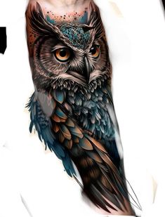 an owl tattoo on the arm and leg is shown in black and grey ink with orange eyes