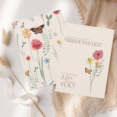 two cards with flowers and butterflies on them, one says what is the bridesmaid?