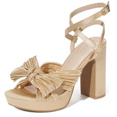 PRICES MAY VARY. CUTE ELEGANT HEELS- Lustrous satin pleated bow gracefully wraps around your feet, creating an aura of sophistication. Lightweight satin provides the ultimate comfort for your feet. A must-have high heels for your summer wardrobe to complete your sweet look. CHUNKY BLOCK HEELS- Heels measure 4.33in/11cm, the platform measures 0.78in/2cm, chunky provides enough support for soles of feet, making it stable and comfortable for walking smoothly all day long. PADDED LATEX INSOLE - Soft Bridal Heels Comfortable, Champagne Colored Heels, Heels 4 Inch, Platform Chunky Heels, Nude Platform Heels, Gold Wedding Shoes, Comfortable Dress Shoes, Block High Heels, Bow High Heels