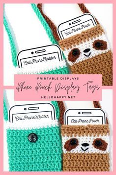 three crocheted cell phone cases are shown with the text, free pattern and instructions