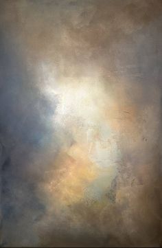 an abstract painting with grey, yellow and blue colors in the sky on a gray background