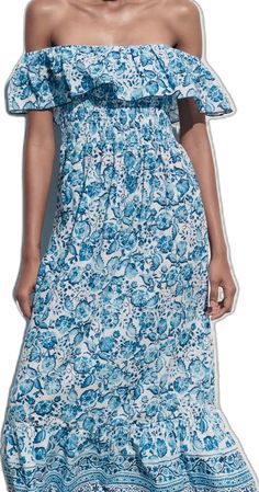 Blue Floral Print Zara Midi Dress, Zara Blue Floral Print Midi Dress, Zara Blue Floral Print Maxi Dress, Zara Blue Short Sleeve Midi Dress, Blue Short Sleeve Midi Dress By Zara, Zara Flowy Blue Maxi Dress, Blue Knee-length Zara Midi Dress, Zara Blue Midi Dress For Vacation, Blue Knee-length Midi Dress By Zara