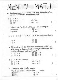 the worksheet for mental math is shown in black and white, with numbers on it