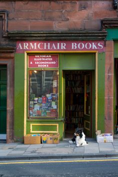 a dog sitting on the sidewalk in front of a book store with bookshelves