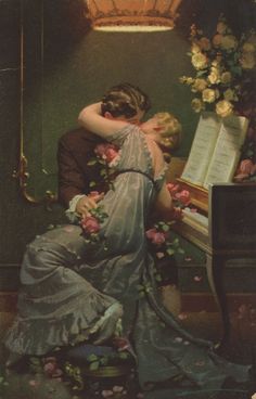 a painting of two people sitting at a piano with flowers on the ground next to them