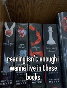 some books are stacked on top of each other with the words reading isn't enough i wanna live in these books