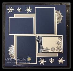 some snowflakes are on the side of a blue and white card with silver foil