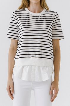 Stripe knit Mixed media Round neckline Short sleeve Hand wash cold Do not bleach Do not tumble dry Iron low Shell: 95% Cotton 5% Spandex Contrast 1:100% Cotton Contrast 2: 97% Cotton 3% Spandex JJ839T Total length: 26.50" Bust: 38.50" White Stretch Knit Top For Layering, White Short Sleeve Knit Top For Work, White Crew Neck Knit Top For Work, White Short Sleeve Knit Top For Layering, Black Cotton Knit Top For Layering, Knit Loungewear, Summer Style Guide, White Short Sleeve Tops, Strapless Bodycon Dress