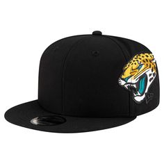 Represent your Jacksonville Jaguars with this  Helmet 9FIFTY Snapback Hat from New Era. This 9FIFTY hat features New Era's classic snapback style, mirroring the iconic 59FIFTY with an open back and adjustable snapback closure for a personalized fit. The high crown and structured fit provide a modern look, while the bold embroidery on the sides celebrates the iconic Jacksonville Jaguars helmet. Hip Hop Fan Gear Cap, Hip Hop Style Fan Gear Cap, Flat Bill Trucker Hat For Fans, Black Flat Crown Snapback Hat For Fan Gear, Adjustable Snapback Hats For Fan Gear, Adjustable Snapback Fan Gear Hats, Adjustable Flat Bill Hats For Fan Gear, Adjustable Flat Bill Hat For Fan Gear, Fan Gear Hats With Flat Bill