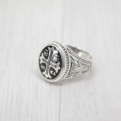 Medieval Sterling Silver Engraved Rings, Medieval Engraved Sterling Silver Rings, Classic Silver Cross Rings, Classic Silver Cross-shaped Rings, Black Sterling Silver Signet Ring With Engraving Option, Medieval Sterling Silver Rings, Medieval Style Silver Engraved Ring As Gift, Silver Engraved Cross Ring, Sterling Silver Medieval Style Rings As Gift