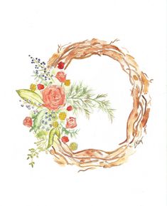 a watercolor painting of a wreath with flowers