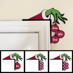 the grinch door hangers are decorated with red and green letters, which spell out his name