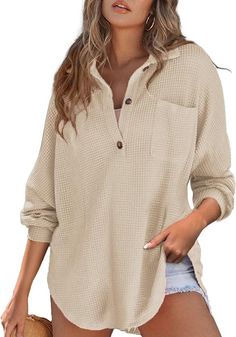 Women Waffle Knit Henley Casual Tunic. Bandeau Tops, Waffle Knit Sweater, Waffle Knit Top, Henley Top, Winter Coats Women, Belleza Natural, Oversized Shirt, Waffle Knit, Casual Wardrobe