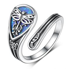 PRICES MAY VARY. ✨Dragonfly Spoon Rings for Women Design: Inspired by the lovely dragonfly in nature, we design this dragonfly thumb rings for women sterling silver with unique dark blue opal. The dragonfly represents renewal and power of life. You can wear it in any occasions, which makes you add noble elegant temperament. ✨Dragonfly Thumb Rings Material: Opal spoon rings are made of 925 sterling silver, suitable for long time wear. Especially for women with sensitive skin, to avoid worrying ab Vintage Spoon Rings, Dragonfly Ring, Dragon Ring, Dragonfly Jewelry, Silver Dragon, Spoon Rings, Thumb Rings, Blue Opal, Opal Rings