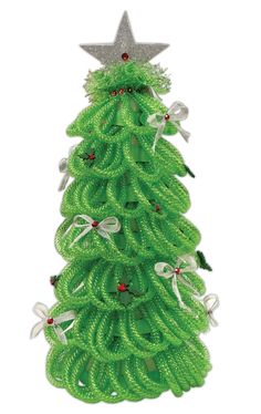 a green christmas tree with white bows