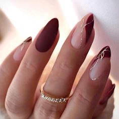 Burgundy/maroon and nude themed nails with silver accents, short almond shaped press on nail set, great for winter nails or christmas look! Stocking stuffer idea or christmas gift Burgundy Nails With Black, Nails Autumn Leaves, Manicure Tips, Gold Nail, روتين العناية بالبشرة, Nails Fall, Nails 2024