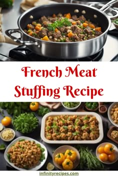 french meat stuffing recipe with oranges and other foods in bowls on the stove top