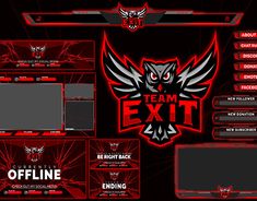 the team exit logo is shown on this red and black computer screen, along with other items