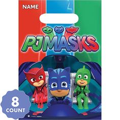 the pj masks are on display in front of a card