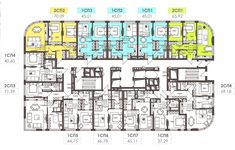 the floor plan for an apartment building with several rooms and two bathrooms, all in different colors