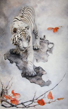 a painting of a white tiger walking on top of a tree branch with orange leaves