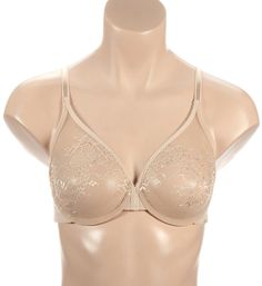 Get the natural look with this feminine stretch lace bra. Fuller coverage contains breasts while convertible straps allow for crossed back styling. Stretch, see-through lace underwire cups are unlined (unpadded), with sewn-on elastic at top of cup for fit. DD - G cup sizes have an inner support sling for a rounder shape and forward projection. Seamless cups have a pretty floral pattern on point d'esprit mesh. Bandless front is more comfortable for short-waisted women. Center panel is raised for Full Cup Lace Bra With Stretch, Stretch Lace Full Cup Bra, Full Coverage Lace Nursing Bra With Delicate Lace, Full Coverage Lace Bra With Lace Closure, Beige Lace Stretch Bra, Beige Stretch Lace Bra, Elegant Beige Seamless Bra, Beige Lace Bra With Lace Closure, Seamless Full Coverage Lace Bra