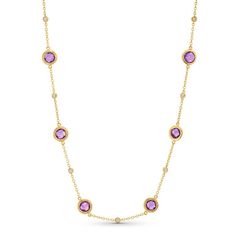 Elevate your style with the Yellow Gold Amethyst Bezel Station Necklace, featuring vibrant purple gemstones in an elegant bezel setting. Heirloom Purple Jewelry With Bezel Setting, Formal Yellow Gold Amethyst Necklace, Gift Amethyst Necklace With Bezel Setting, Fine Jewelry Yellow Gold Amethyst Necklaces, Luxury Bezel-set Station Necklace, Diamonds Direct, Station Necklace, Fine Jewelry Designers, Pendant Bracelet