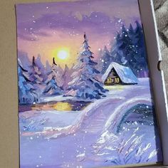 a painting of snow covered trees and a cabin in the distance with a purple sky