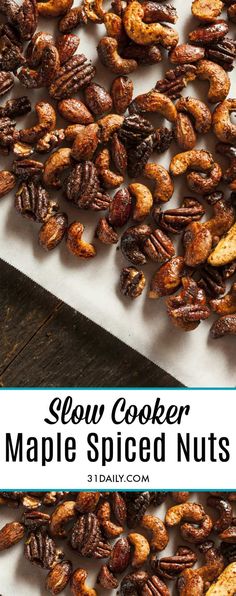 slow cooker maple spiced nuts on a cutting board with the title text overlay