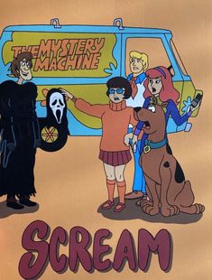 an image of a cartoon scene with scram and the mystery machine on it's screen