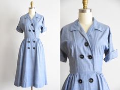 "Vintage early 1950s daydress. Chambray cotton, pointed collar, fold over sleeves, triple darted bust and nipped waist. Hidden side pockets. Free skirt. Loops for belt, missing belt. Front button closure. State of garment | very good, light overall wear and one itty hole on bodice and faint spot on skirt and collar. Measurements ✂--- Best fit | Small Bust | up to 38/39\" Shoulders | not specified Shoulder to waist | 16\" Sleeves | aprox 9\" Waist | 25\" Hips | free Total length (shoulder to hem) Vintage Cotton Workwear Dresses, Vintage Cotton Dresses For Work, 1950s Style Buttoned Dresses For Work, Morgan Dress, Lucky 7, Shirtwaist Dress, Peach Dress, Embroidered Skirt, Rayon Dress