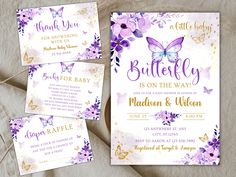 three purple and gold butterfly baby shower cards