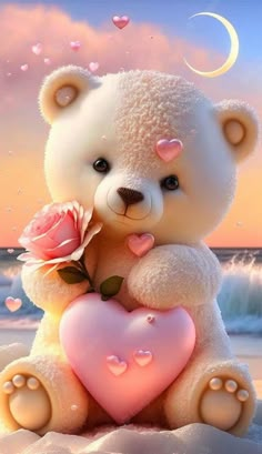 a white teddy bear holding a pink heart on the beach with hearts floating in the air