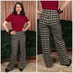 "Sporty vintage 1970s subtle bell bottoms in black and ivory wool plaid. These have a mid length rise that doesn't hit the natural waist. The legs are flared. They are fully lined with black acetate - they're casual clothes, but a quality you don't find today.  ✂-----Measurements Dropped Waist:  29\" Hips: 36\" Length: 43\" Inseam: 32.5\" Rise: 11.25 Hem Circumference: 22.5 Label: Jackfin, New York Material:  Wool, acetate lining Condition: Very Good minus These pants are clean and ready to wear. There is a single moth chew at the low back left leg - it's not a hole, just some surface fibers. With the lining behind and the location, it would never be seen. I find no other issues to note!" Retro Wide Leg Pants For Work In Fall, Vintage High Waist Wide Leg Pants For Fall, Vintage Wide Leg Pants For Fall, Retro Fitted Wide Leg Pants For Fall, Vintage Wide Leg Pants For Winter, Retro Fitted Bottoms For Winter, Retro Fitted Winter Bottoms, Retro Fitted High-waisted Wide Leg Pants, Vintage Full Length Bottoms For Winter