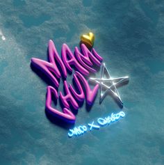 the word dream written in neon pink and gold on a blue background with a star