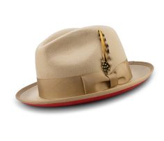 Montique Beige Matching Grosgrain Ribbon 2 ¼ Brim Red Bottom Wool Felt Dress Hat H-75 - Suits & More