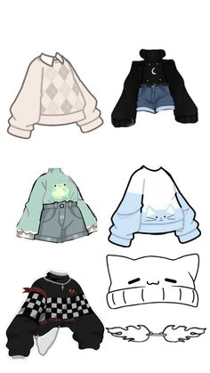 four different types of clothes are shown in this drawing style, including sweaters and shorts