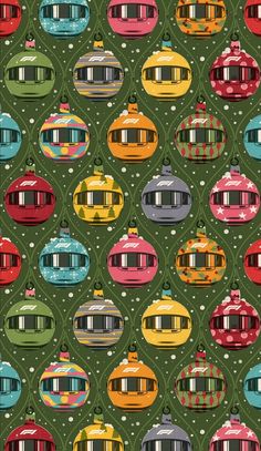 an image of christmas ornaments on a green background with trains and snowflakes in the background