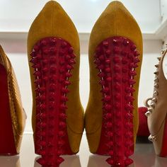 Hello Suede With Fishies Spiked Heels Spiked Heels, Spike Heels, Louboutin Shoes, Christian Louboutin Shoes, Eye Candy, Christian Louboutin, Women Shoes, Heels, Yellow