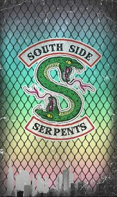 the south side serpents logo on a chain link fence in front of a cityscape