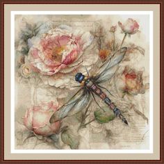 a dragonfly sitting on top of a flower in front of a painting with roses