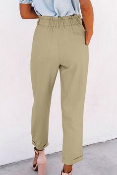 Khaki High Rise Paper Bag Waist Pocketed Casual Pants Khaki Pants With Pockets For Day Out, Casual Khaki Pants For Day Out, Khaki Pants With Elastic Waistband For Day Out, White Kicks, Stylish Pants, Faux Leather Belts, Straight Pants, Long Legs, Color Khaki