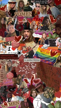 the collage is made up of many different pictures and words, including women's faces