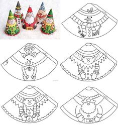 paper dolls with different designs and colors on them, including santa's hat and other decorations