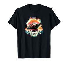 a black t - shirt with an image of a boat in the ocean at sunset