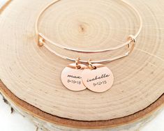 Personalized Rose Gold Bangle - Kids Name & Date Bracelet Have this bangle bracelet personalized with any name, date or word! Personalized jewelry makes the perfect gift for so many occasions. Kids names, grandkids names, initials, or inspirational words can be engraved on each rose gold disc. Metal Initial Bangle Bracelet, Date Bracelet, Rose Gold Bangle Bracelet, Rose Gold Initial, Coordinates Bracelet, Personalised Bangle, Bracelet Initial, Peoria Az, Bracelet Rose Gold