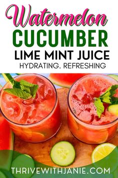 two glasses filled with watermelon cucumber lime mint juice