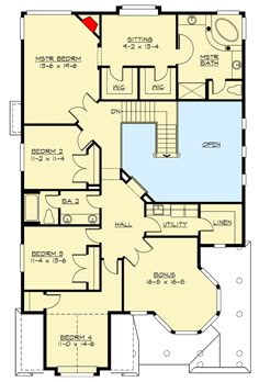 the first floor plan for a house with an indoor swimming pool and two separate living areas