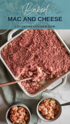 baked macaroni and cheese in a casserole dish with spoons on the side